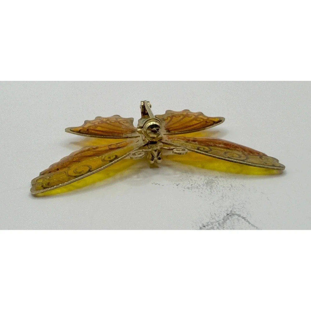 Vintage Gold Tone Butterfly Brooch‎ Yellow Amber Lucite Wings